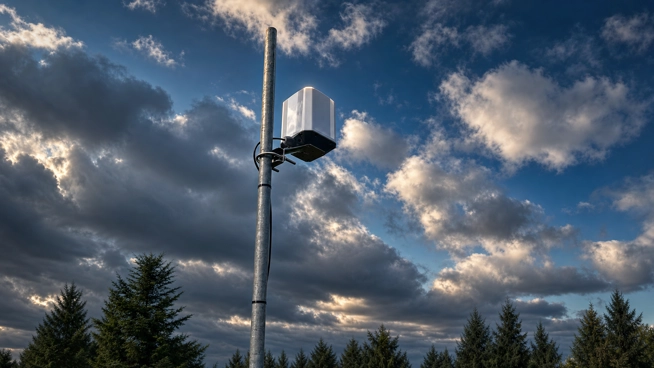 MikroTik LAMP 5G R16 zamontowany na maszcie - internet 5G poza dużym miastem